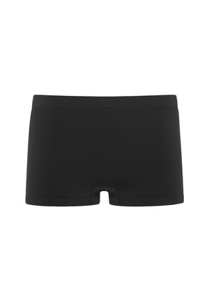 Black boxer shorts made from soft fabric, featuring a rounded cut-out at the front and a seamless elastic waistband.
