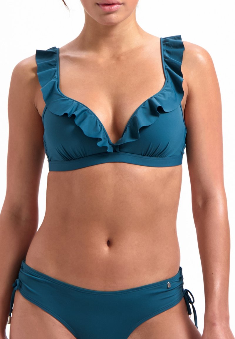 Tiefes V-Ausschnitt Oberteil mit Rüschendetails und verstellbaren Seitenschnürungen, bestehend aus einem türkisfarbenen Bikini-Set, gefertigt aus glattem Stretchmaterial.