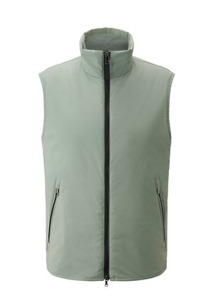 Lichtgroene, mouwloze vest met hoge kraag, voorrits en twee zijzakken. Gladde stof met een matte afwerking.