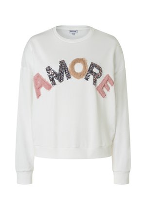 Weißer Langarm-Sweatshirt mit dem Schriftzug "AMORE" quer über der Brust in gemischten Buchstaben aus pinkem Fell, beigem Fell und schwarzen Pailletten.