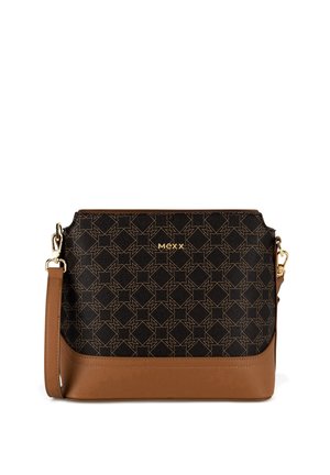 Rechteckige Crossbody-Tasche aus dunkel gemustertem Stoff mit braunen Lederbesätzen, goldfarbenen Beschlägen und abnehmbarem braunen Riemen.