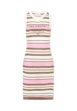 Abito senza maniche in maglia a righe orizzontali rosa, marrone e bianco, con la scritta "PHILOSOPHY" sul petto.