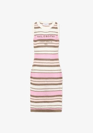 Abito senza maniche in maglia a righe orizzontali rosa, marrone e bianco, con la scritta "PHILOSOPHY" sul petto.