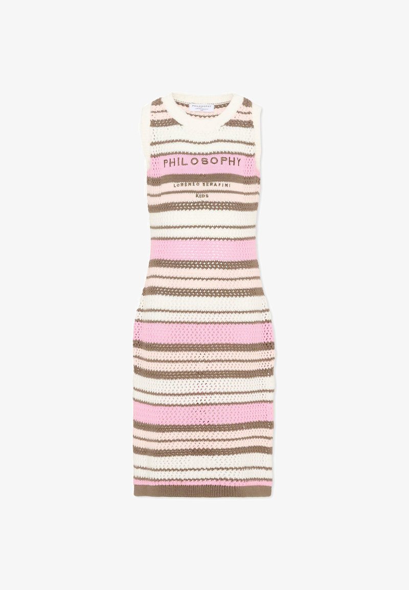 Robe en tricot sans manches à rayures horizontales rose, marron et blanc, avec le texte « PHILOSOPHY » sur la poitrine.