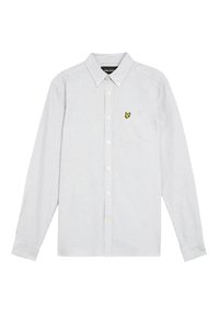 Camicia a maniche lunghe a righe in bianco e azzurro chiaro, con colletto button-down, bottoni frontali e un piccolo logo giallo sulla tasca del petto.
