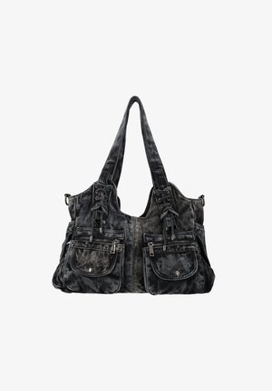 Black denim shoulder bag with two front zip and snap pockets, lace-up detailing near straps, and wide double handles.