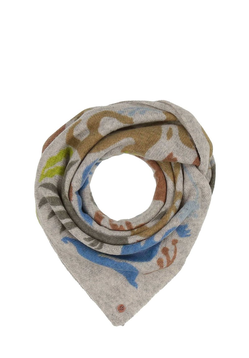 Grey triangular scarf featuring a mixed pattern of blue, brown, and green shapes on a textured surface, with a small logo tag.