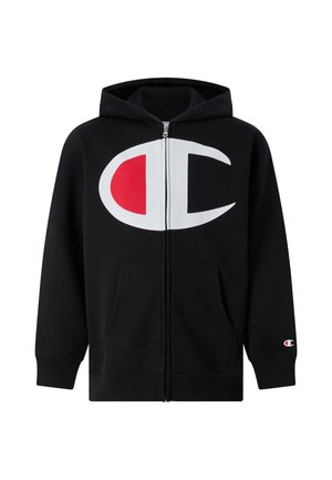 Schwarzer Kapuzenpullover mit Reißverschluss, großem weißem und rotem Logo vorne, Kängurutaschen und kleinem Logo am linken Ärmelbündchen.