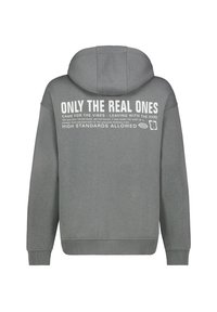Gray hoodie with a front kangaroo pocket, adjustable hood, and white text on the back. Text includes various phrases and brand accents.