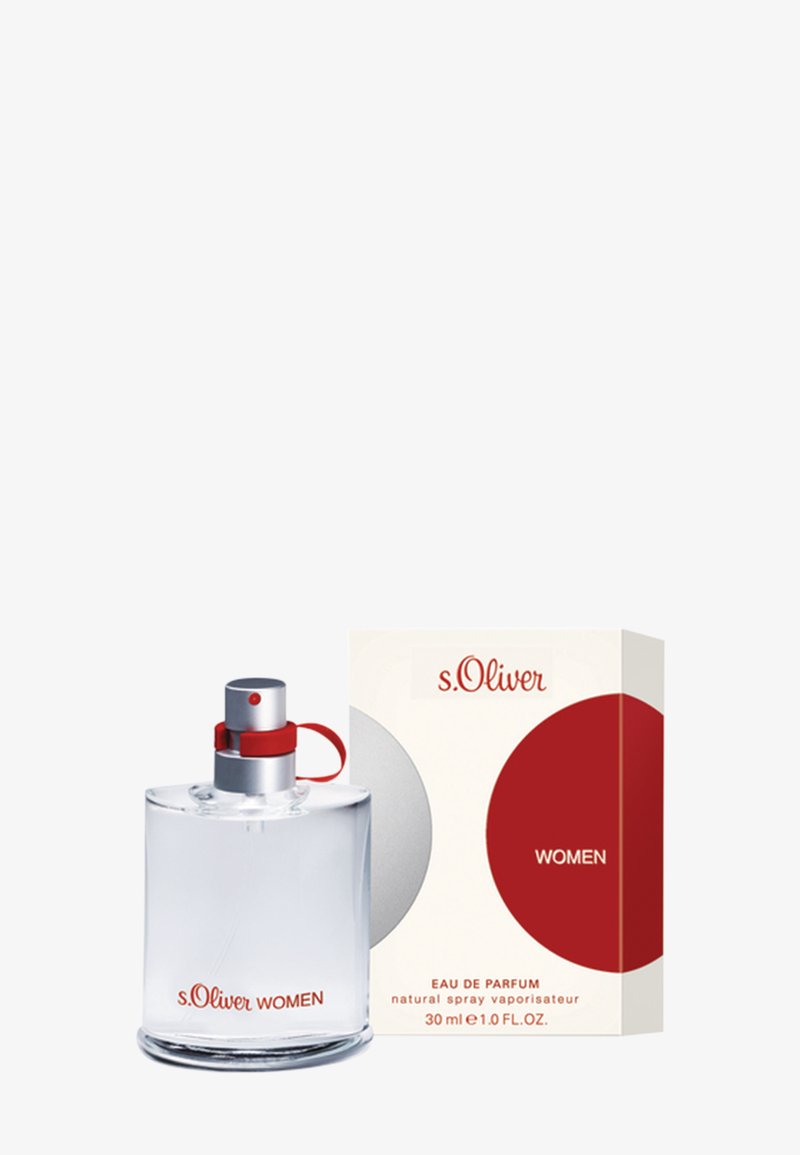 Flacon de parfum en verre transparent avec vaporisateur argenté et détail rouge portant l'étiquette "s.Oliver WOMEN" à côté d'une boîte d'emballage blanche et rouge pour 30 ml d'eau de parfum.