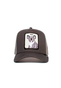 Gorro gris con parte trasera de malla, que presenta un parche cuadrado de un koala y la palabra "ABRAZO". Diseño estructurado con visera redondeada y correa ajustable.
