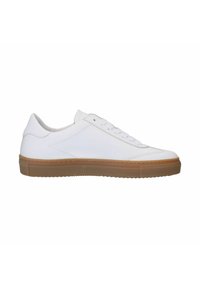White sneakers made of smooth leather with a rubber sole. Features a low-top design, rounded toe, and basic lacing system.