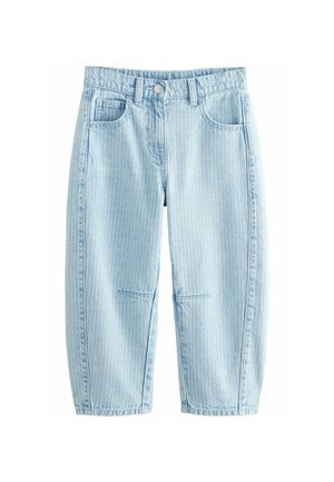 Light blue denim shorts featuring a vertical pinstripe pattern, five pockets, and a button closure with an elastic waistband.