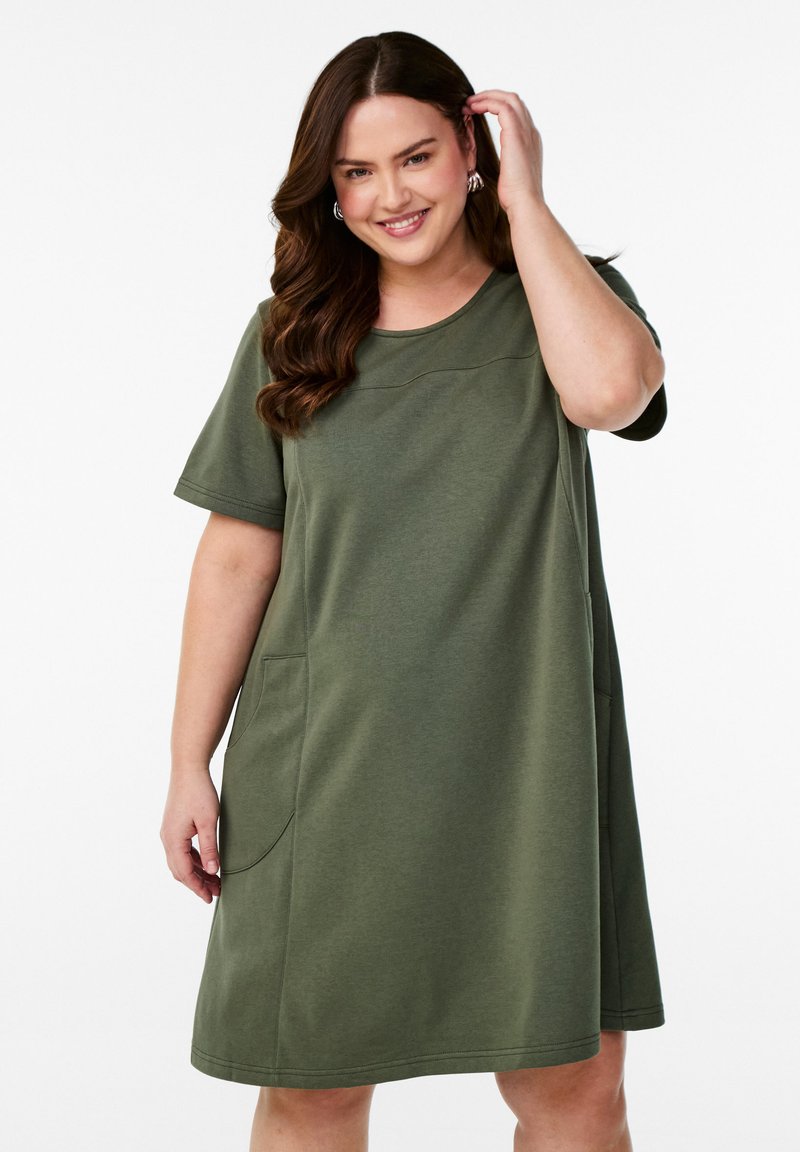 Olive green dress made of soft cotton blend, featuring short sleeves, a round neckline, two front pockets, and a relaxed fit.