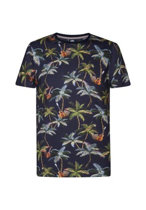 T-shirt navy a maniche corte con stampa di palme tropicali e chitarre. Realizzato in materiale morbido con design a girocollo.