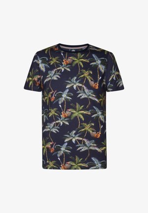 Tricou scurt cu maneci, de culoare bleumarin, având un imprimeu cu palmier și chitară tropicală. Fabricat dintr-un material moale cu un design cu gât rotund.