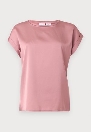 Weiche rosa Kurzarmbluse mit aufgekrempelten Manschetten, Rundhalsausschnitt und einem glatten, leicht glänzenden Stoff.