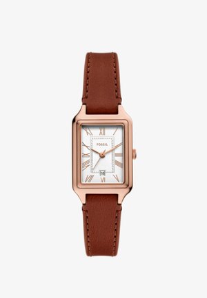 Brown leather strap watch with rose gold rectangular case. White dial features Roman numerals and a date display at the bottom.