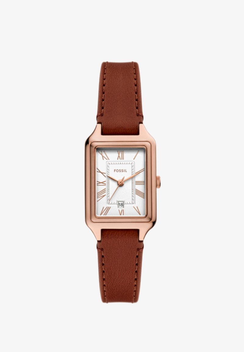 Orologio con cinturino in pelle marrone e cassa rettangolare in oro rosa. Il quadrante bianco presenta numeri romani e una visualizzazione della data in basso.