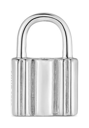 Candado plateado brillante con arco redondeado y cuerpo rectangular acanalado, aislado sobre fondo blanco.