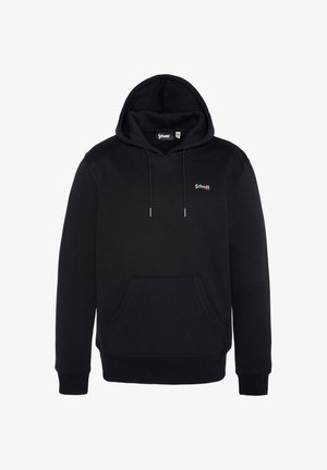 Czarna bluza z kapturem z miękkiego materiału, z przednią kieszenią, troczkami i małym czerwonym logo na klatce piersiowej. Gładka faktura i design zakładany przez głowę.