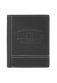 Cartera de cuero negro con el logo embozado de "LOIS JEANS". Presenta costuras blancas y una textura suave. Diseño rectangular compacto.