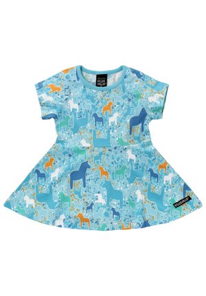 Kurzarmkleid in Blau mit einem verspielten Muster aus bunten Hunden. Hergestellt aus weichem Stoff mit Rundhalsausschnitt und ausgestelltem Rock.