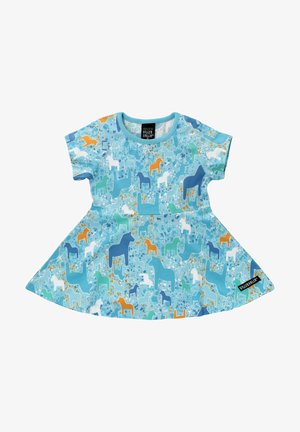 Korte mouwen jurk in het blauw met een speels patroon van kleurrijke honden. Gemaakt van zachte stof met een ronde halslijn en een uitlopende rok.