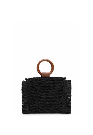 Black woven rectangular handbag with side fringes and round brown wooden top handle.