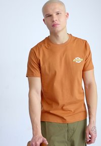 Camiseta de algodón marrón con un pequeño logo en verde y amarillo de "Dickies" en el lado izquierdo del pecho. Con cuello redondo clásico y mangas cortas.
