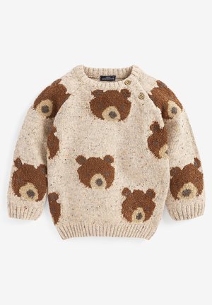 Pull beige en maille pour tout-petit avec motif de visages d'ours bruns et deux boutons en bois sur l'épaule.