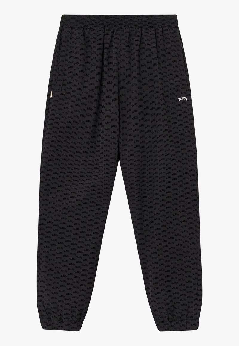 Pantalon de survêtement noir avec un motif répétitif sur toute la surface, taille élastique, jambes fuselées et un petit logo sur la cuisse gauche.