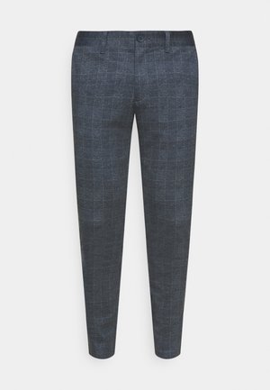 Pantaloni grigi scuri con un motivo a quadri, dotati di chiusura con bottone e una vestibilità slim. Il tessuto ha un aspetto testurizzato ed è morbido.