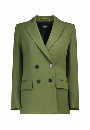 Blazer olive vert double boutonnage avec des revers nets, deux poches avant, boutons noirs et une texture lisse. Intérieur doublé.