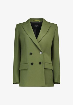 Blazer doppiopetto verde oliva con rever affilati, due tasche frontali, bottoni neri e una trama liscia. Interno foderato.