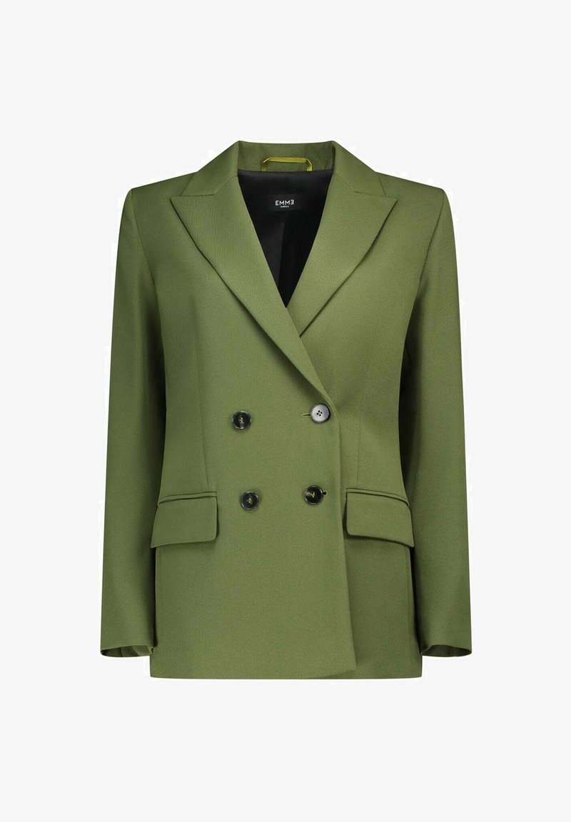 Blazer olive vert double boutonnage avec des revers nets, deux poches avant, boutons noirs et une texture lisse. Intérieur doublé.