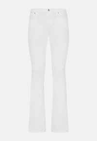 Hvide denim flared jeans med en klassisk fem-lomme design, der har en lynlås, metalknap og lette sømdetaljer.