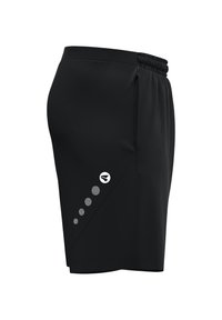 Schwarze Sportshorts mit einem Kordelzugbund, seitlichen Taschen und einem reflektierenden Punktemuster auf der linken Seite, versehen mit einem Logo nahe dem Saum.