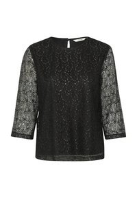 Top nero con maniche in pizzo a tre quarti, caratterizzato da un motivo paisley e dettagli metallici. Apertura a chiave sul retro. Texture morbida.