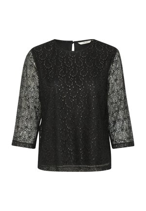 Svart topp med trekvarts spetsärmar, prydd med en paisleymönster och metalliska detaljer. Nyckelhålöppning i ryggen. Mjuk textur.