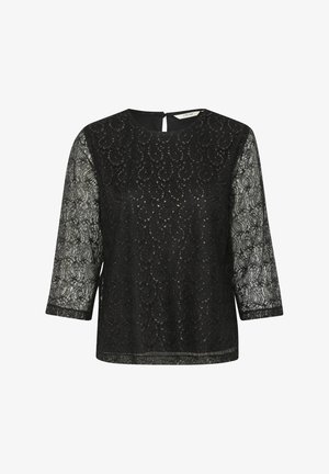 Crna majica s tri četvrtine čipkastih rukava, s uzorkom paisleya i metalik akcentima. Otvor na leđima u obliku ključa. Meka tekstura.