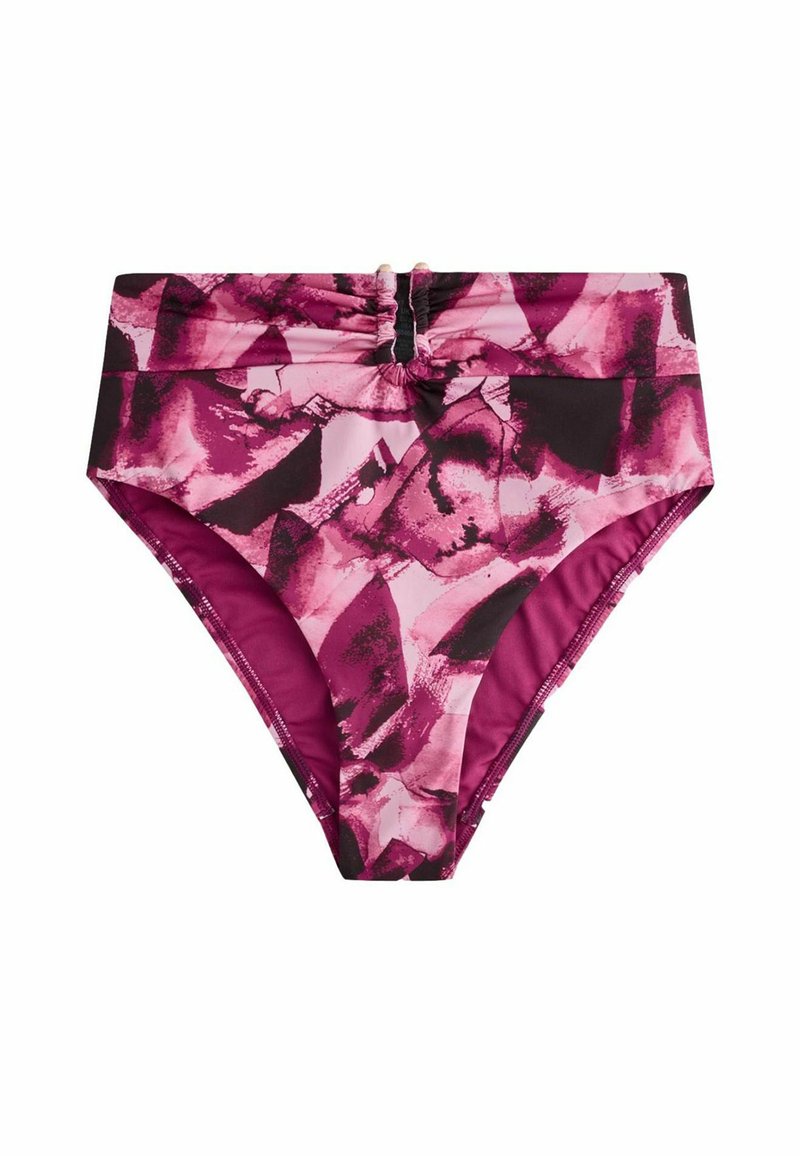 Bikini hlače z visokim pasom v roza barvi z abstraktnim vzorcem v črni in vijolični barvi, z nabrano podrobnostjo na pasu in gladko teksturo.