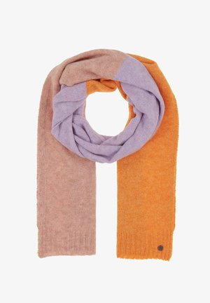 Sciarpa infinito realizzata in morbido tessuto lavorato a maglia, divisa in tre sezioni: viola chiaro, terracotta e arancione, con bordi a coste.