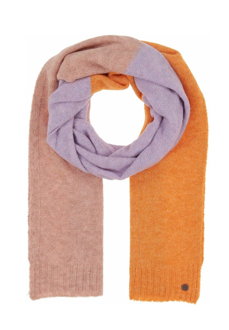 Écharpe infinity en tissu tricoté doux, divisée en trois sections : violet clair, terracotta et orange, avec des bords côtes.