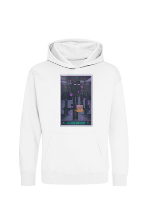 Hvid hættetrøje med et Minecraft Enderman-grafik, der holder en blok, omgivet af lilla partikler, og ordet "ENDERMAN" nedenunder.