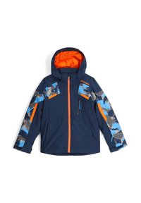 Dunkelblaue Jacke mit orangefarbenen Akzenten, ausgestattet mit Kapuze, Reißverschluss vorne und gemusterten Ärmeln in Blau und Grau. Glatte Stofftextur.