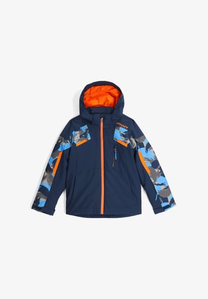 Marineblauwe jas met oranje accenten, voorzien van een capuchon, een ritssluiting aan de voorkant en gemusterde mouwen in blauw en grijs. Soepele stoftextuur.