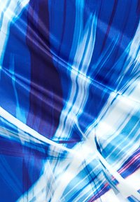 Blue abstract patterned fabric, featuring wavy stripes in varying shades of blue and white, with a smooth, shiny texture.