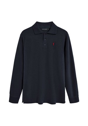 Langärmliges Polohemd aus navyblauem Baumwollstoff, mit kragen und einer kleinen roten gestickten Logo auf der linken Brust.