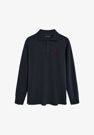 Langsleeve polo shirt van marineblauwe katoen, met een knoopsluiting kraag en een klein rood geborduurd logo op de linkerkant van de borst.
